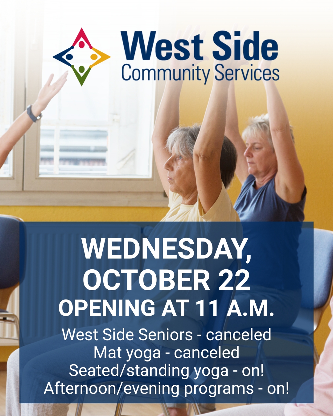 Photo of older women seated in chairs raising their hands over their heads in a yoga class. A blue box over the bottom half of the image has white text on top that reads, WEDNESDAY, OCTOBER 22 OPENING AT 11 A.M. West Side Seniors - canceled; Mat yoga - canceled; Seated/standing yoga - on!; Afternoon/evening programs - on!